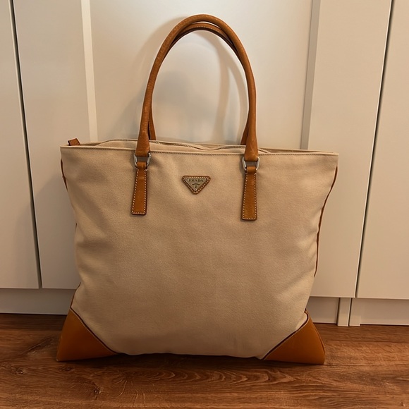 Authentic PRADA Vintage Canvas Leather Nappa Shoulder Tote Bag Beige Leather - Picture 2 of 10